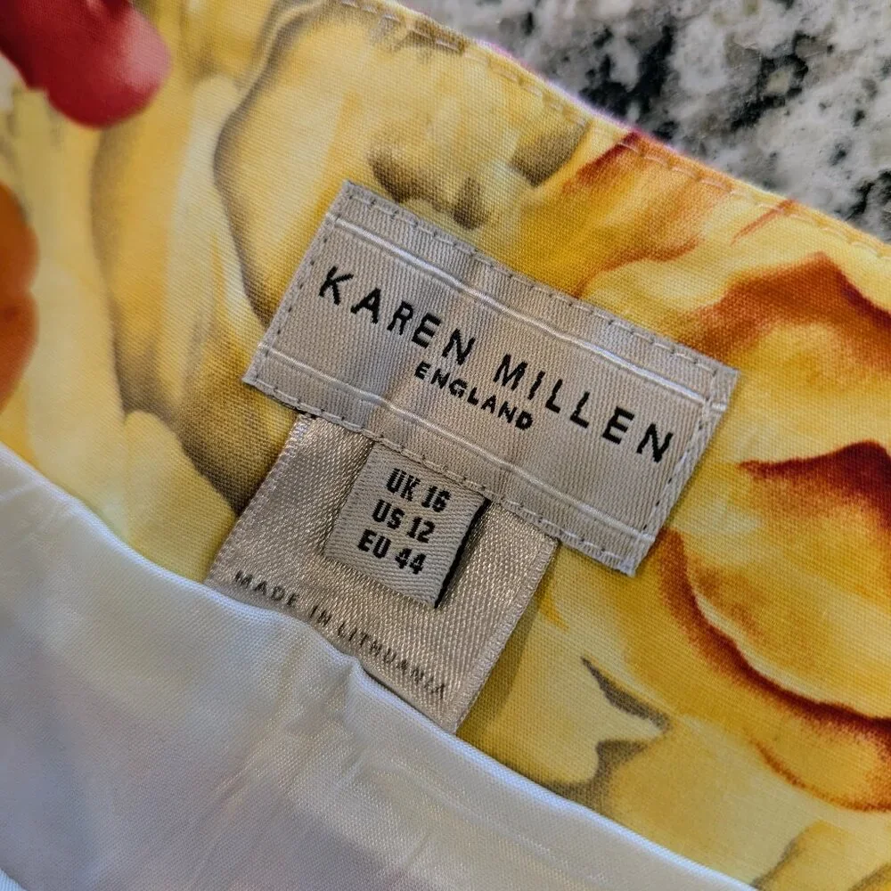 KAREN MILLEN Pleated Floral Skirt 12 Belted Mini English Roses Garden